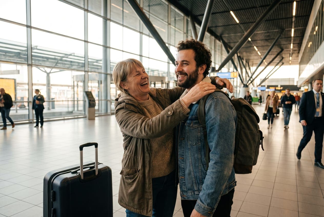 Omhelzing in de aankomsthal van een Nederlandse luchthaven