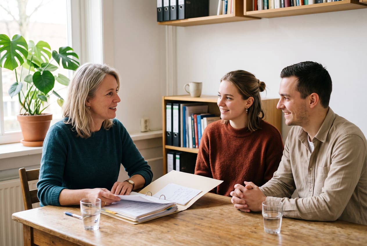 Adviseur bespreekt aan tafel de aanvraag met een stel