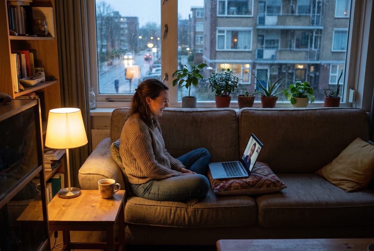 Vrouw videobelt 's avonds vanuit haar Nederlandse woonkamer met haar partner in het buitenland