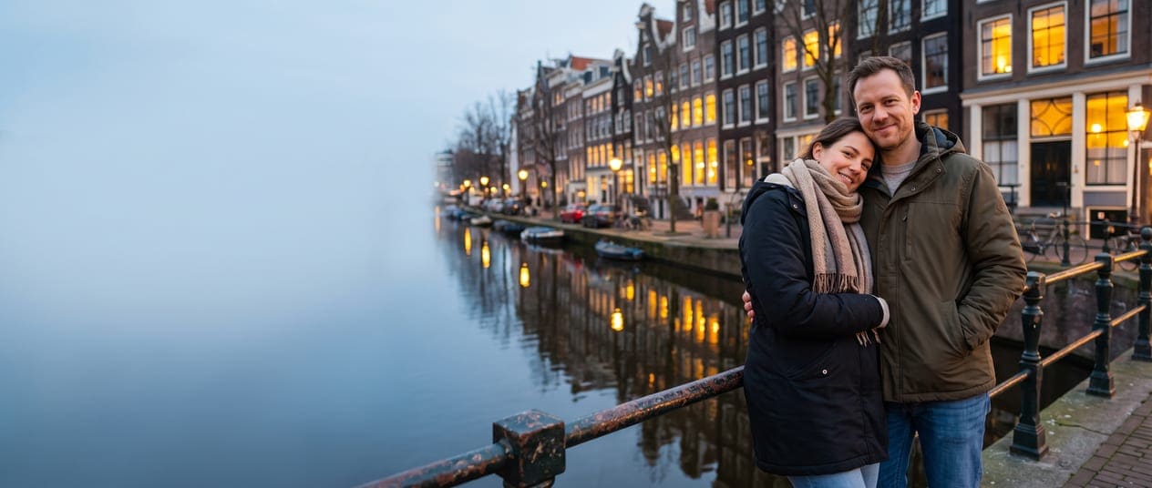 Stel staat in de schemering aan een Amsterdamse gracht met verlichte grachtenpanden