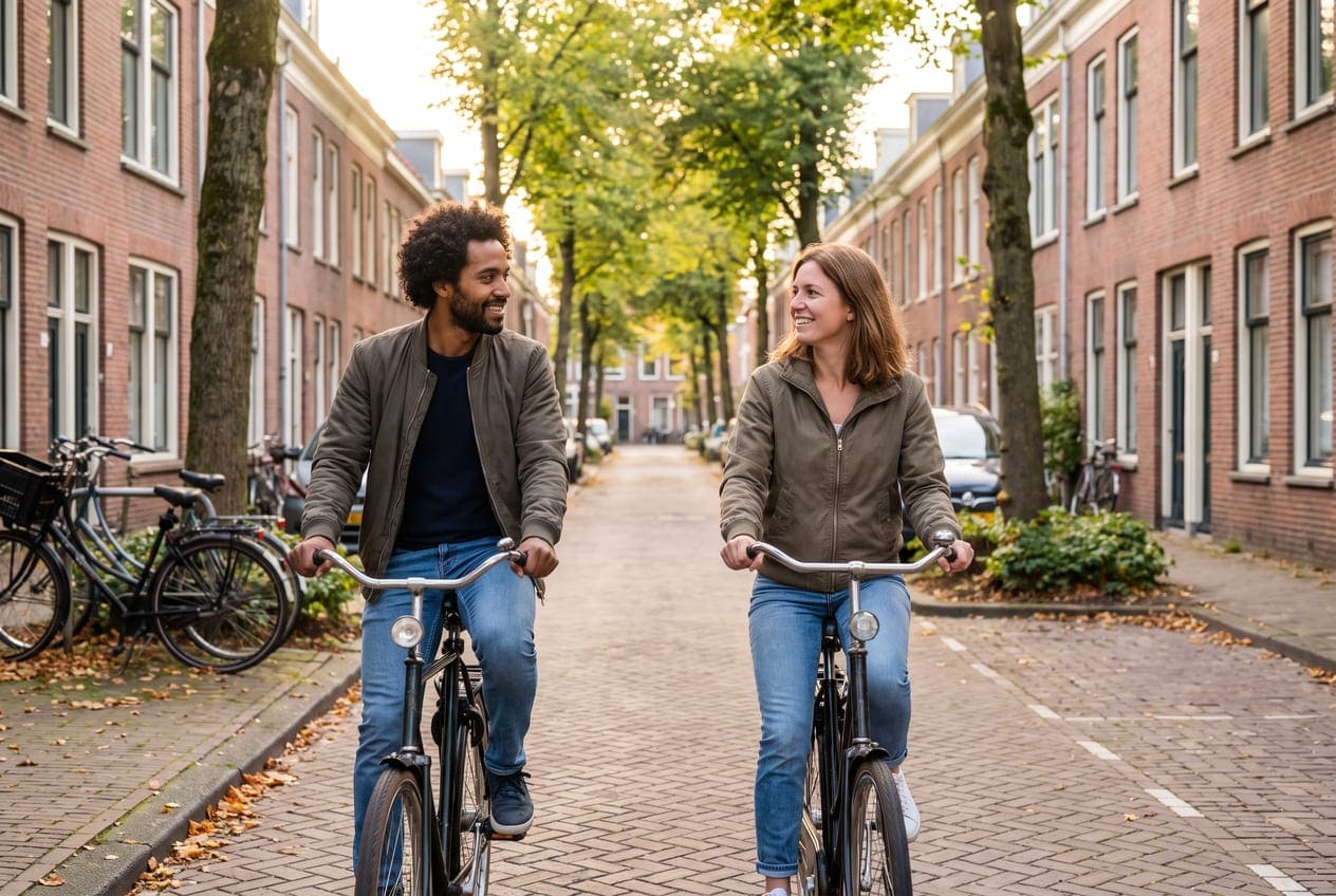 Stel fietst naast elkaar door een Nederlandse straat met bakstenen huizen