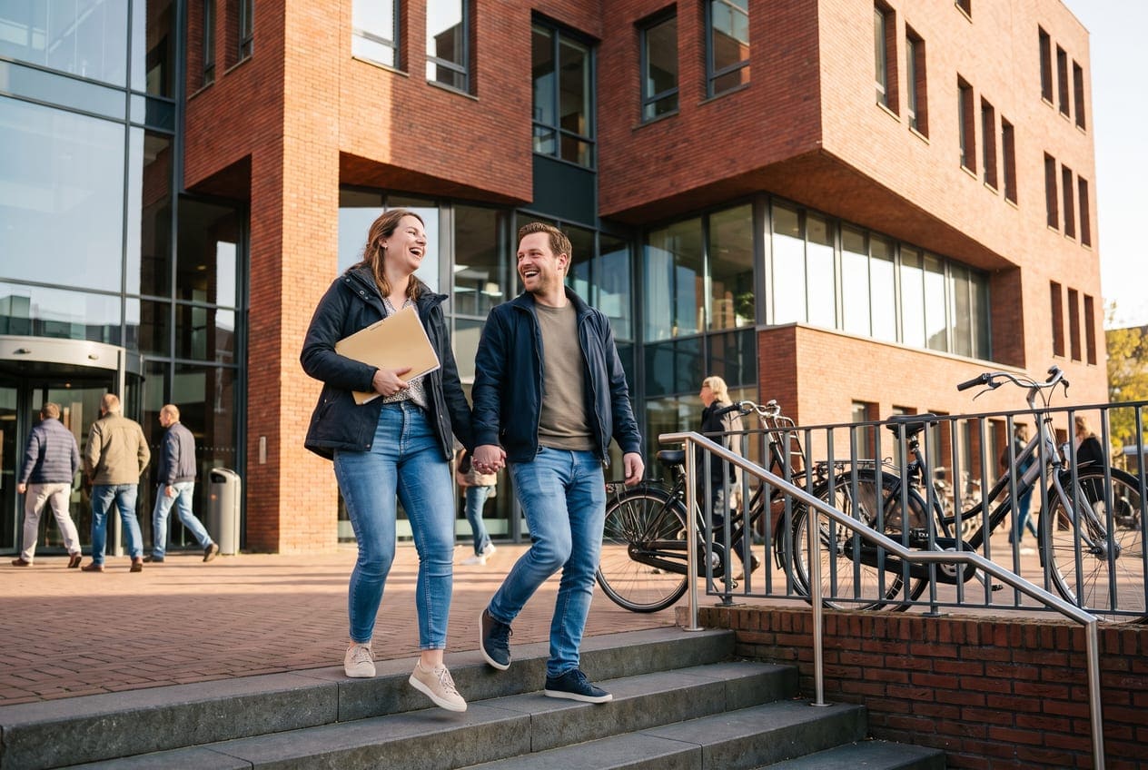 Stel loopt lachend de trap af bij een Nederlands gemeentehuis