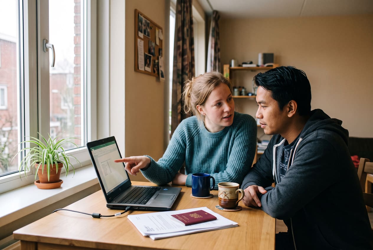 Stel bekijkt samen aan de keukentafel de documenten voor hun aanvraag