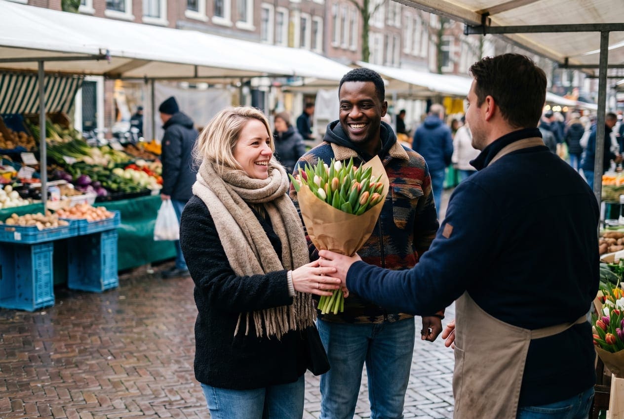 Stel koopt tulpen op een Nederlandse markt op zaterdagochtend