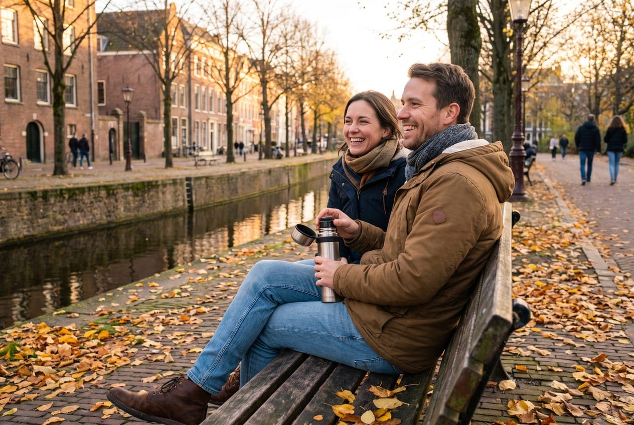 Stel zit samen op een bank in een Nederlands stadspark in de herfst