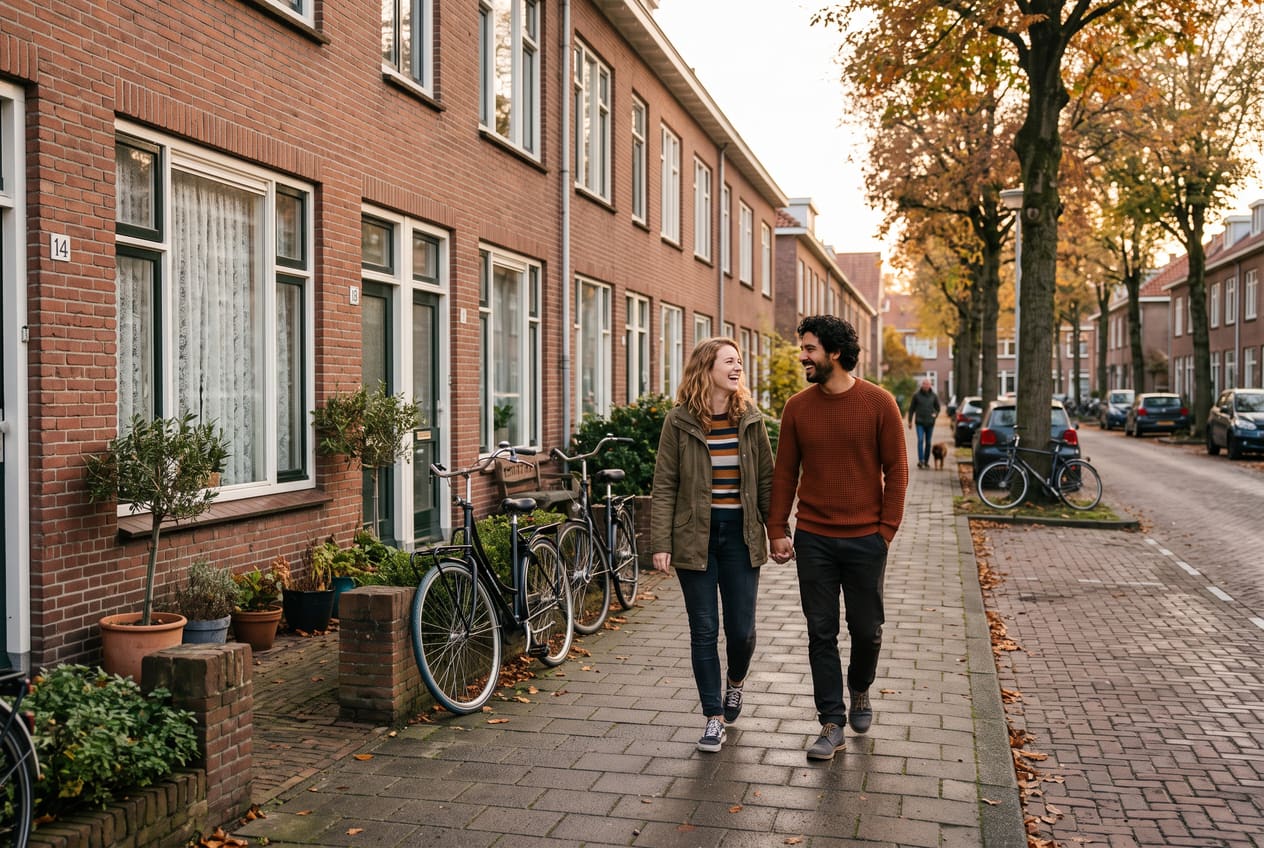 Stel loopt hand in hand door een Nederlandse woonstraat