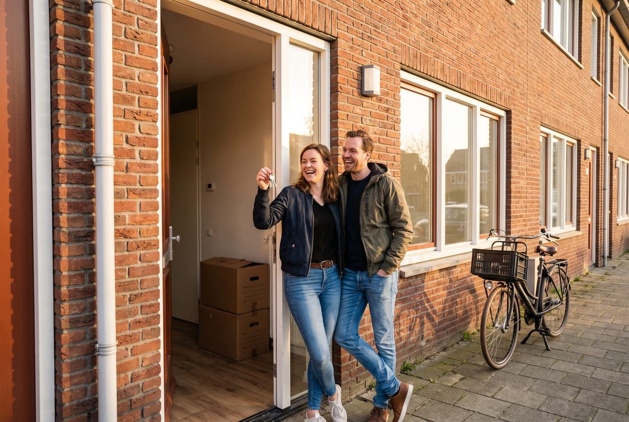 Stel staat met de sleutels in de deuropening van hun Nederlandse woning