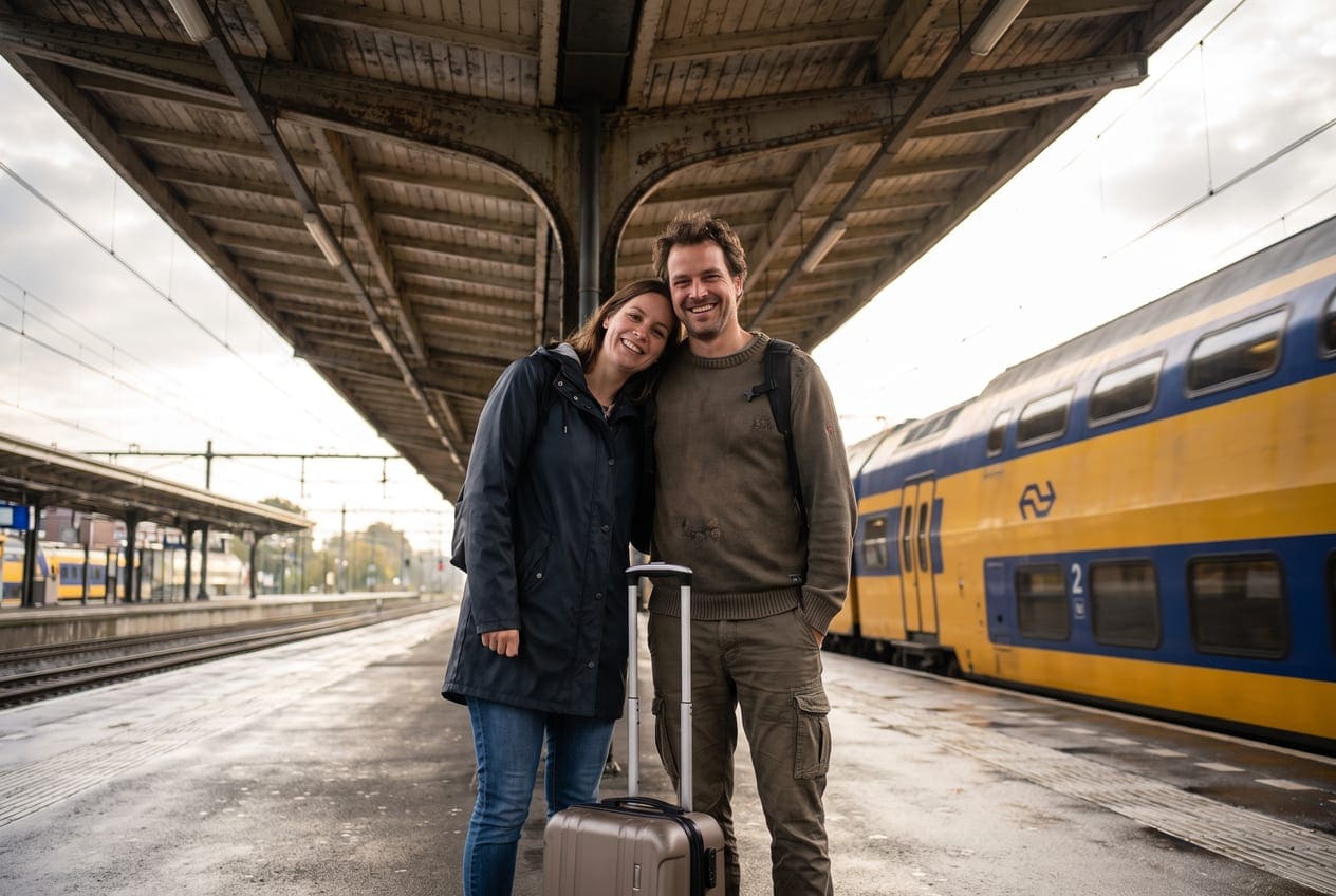 Stel met een koffer op een Nederlands treinperron