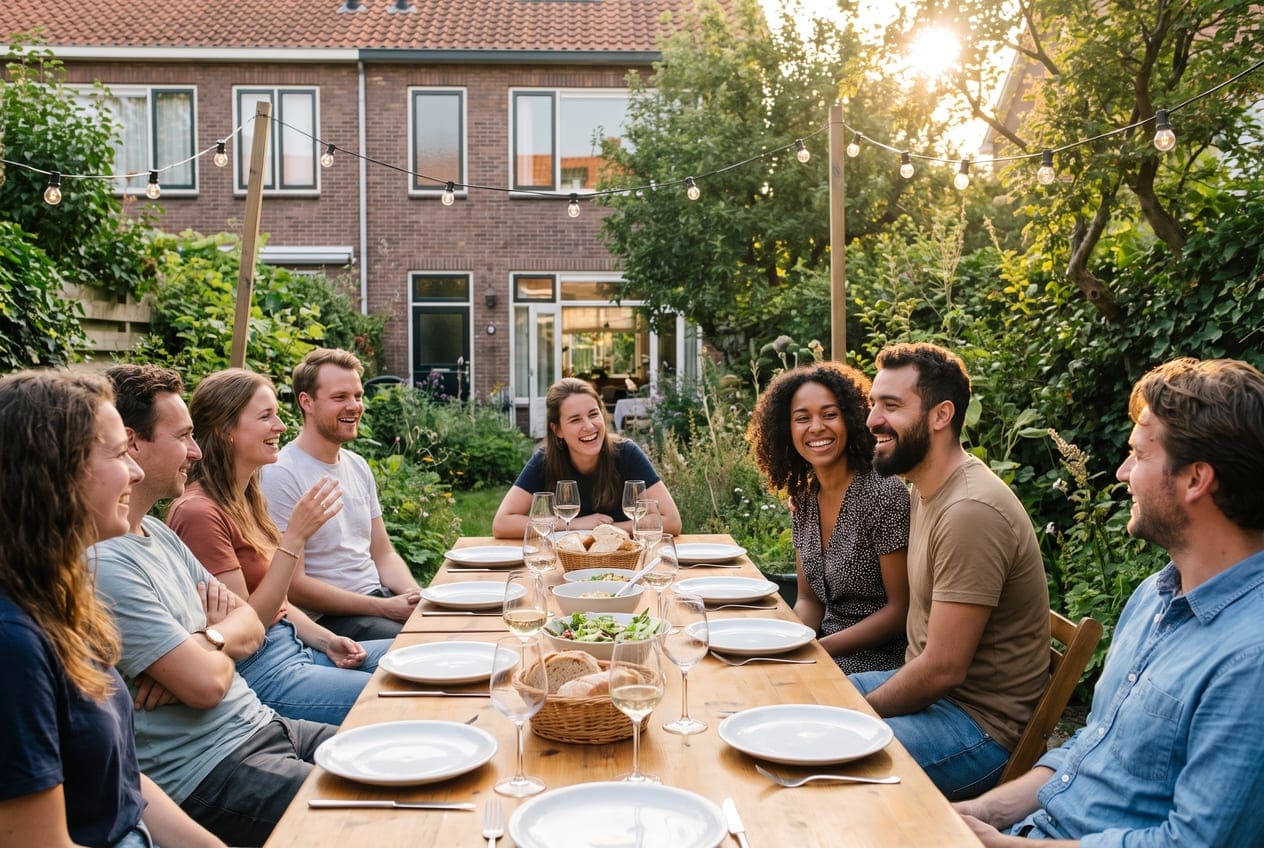 Stel eet met Nederlandse familie en vrienden aan een lange tafel in de tuin